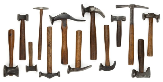 ASSORTED COBBLER AND LEATHERMAKING HAMMERS, LOT OF 13