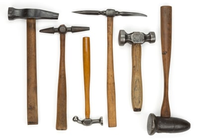 ASSORTED SILVERSMITH, PLANISHING AND TINSMITH HAMMERS, LOT OF SIX