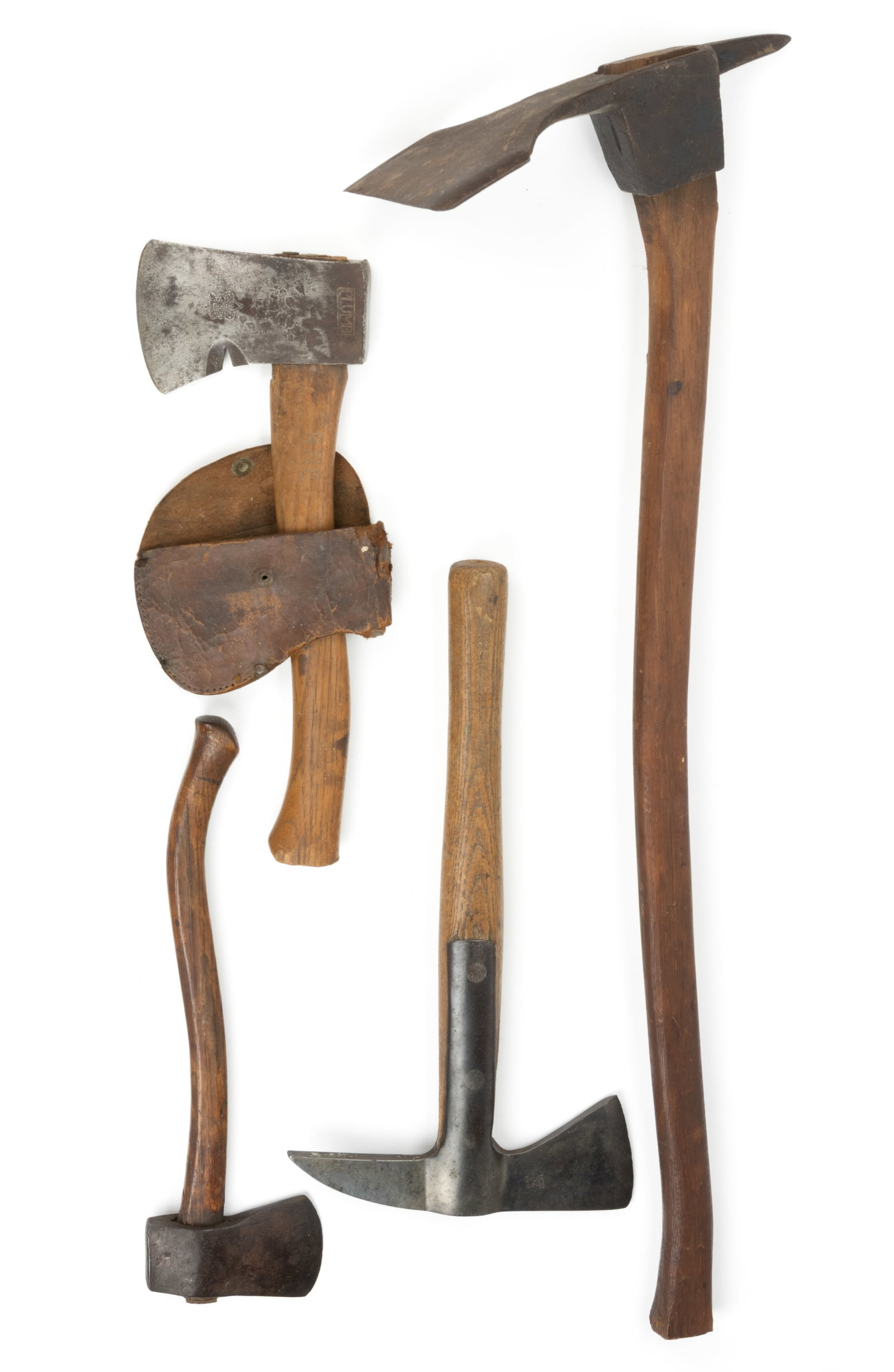 ASSORTED AXES AND HATCHETS, LOT OF FOUR: ASSORTED AXES AND HATCHETS, LOT OF FOUR, comprising an English Gilpins fireman's axe; a ship builders lipped adz, a Plumb hatchet example with additional impressing "BE PREPARED", fitted