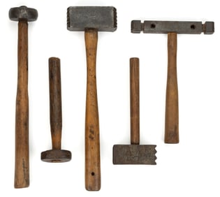 ASSORTED MASONRY / STONE MASON'S BUSHING AND NAPPING HAMMERS, LOT OF FIVE