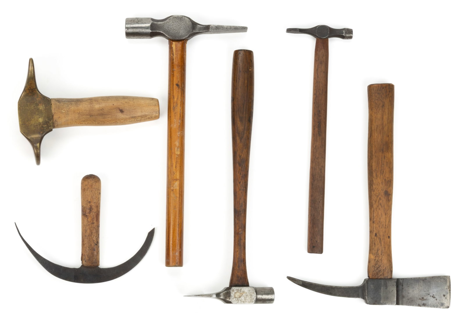 ASSORTED FURNITURE / CABINETRY MAKERS HAMMERS, LOT OF SIX: ASSORTED FURNITURE / CABINETRY MAKERS HAMMERS, LOT OF SIX, comprising of two twybils, including a diminutive double-curved blade example and an unmarked example with a straight peen; two Warrington ex