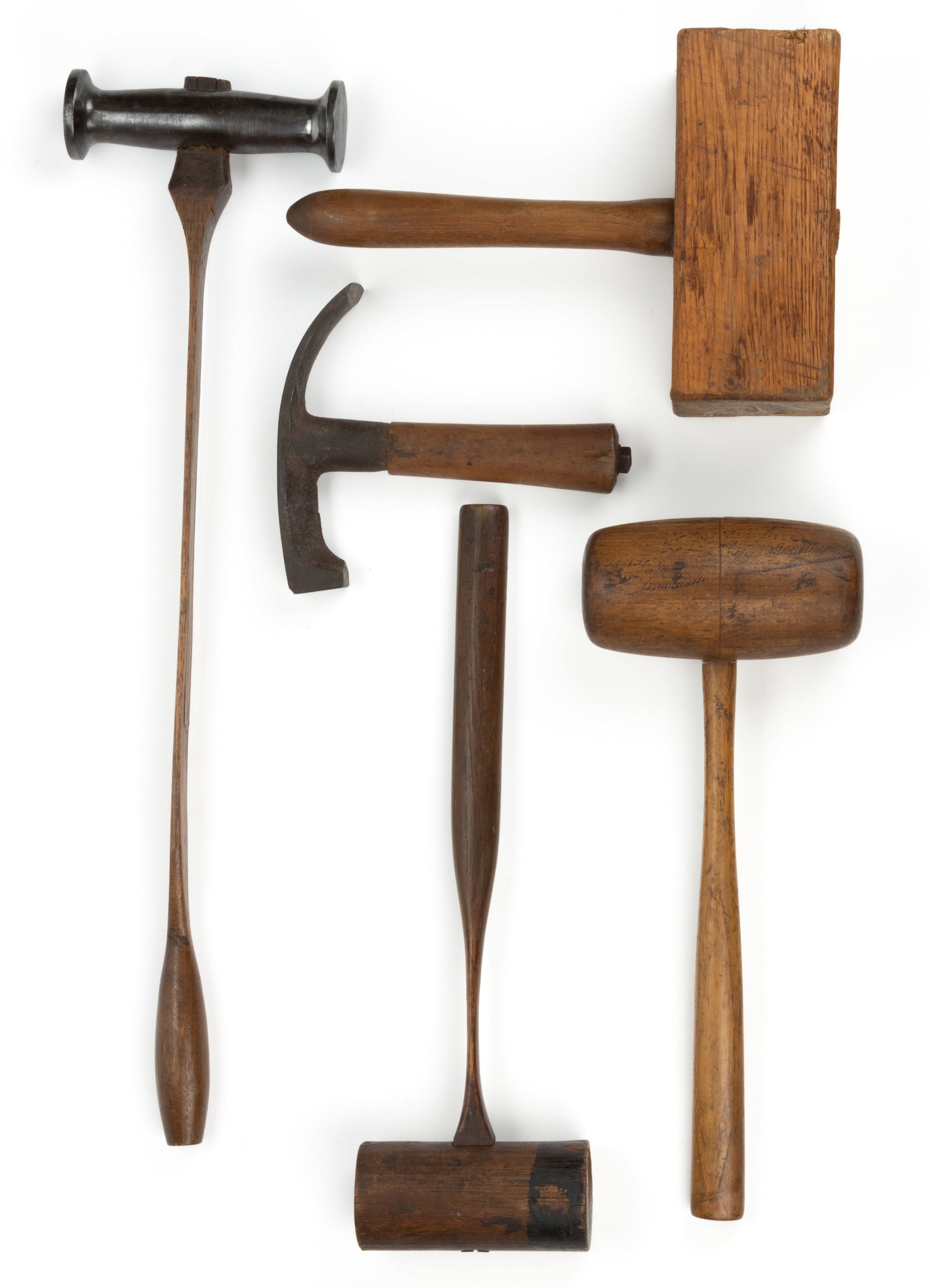 ASSORTED COOPERS HAMMERS AND MALLETS, LOT OF FIVE: ASSORTED COOPERS HAMMERS AND MALLETS, LOT OF FIVE, comprising four mallets, including three wooden examples in various forms including rectangular, oval, and circular; a steel example with double larg