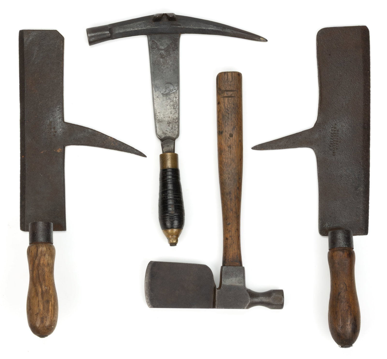 ASSORTED SLATER'S / SLATE AND SHINGLE ROOF HAMMERS AND TOOLS, LOT OF FOUR: ASSORTED SLATER'S / SLATE AND SHINGLE ROOF HAMMERS AND TOOLS, LOT OF FOUR, comprising of a left and right hand Marples zax/knife slate roof examples, and a Beldon Machine Co. slate hammer wit