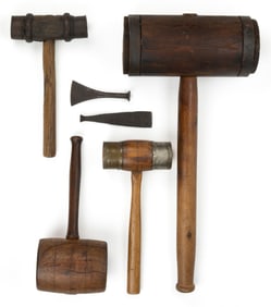 ASSORTED SHIPWRIGHTS HAMMERS, MALLETS, AND TOOLS, LOT OF SIX