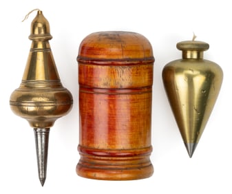 ASSORTED BRASS AND STEEL LARGE SIZED CARPENTRY / WOODWORKING PLUMB BOBS, LOT OF TWO