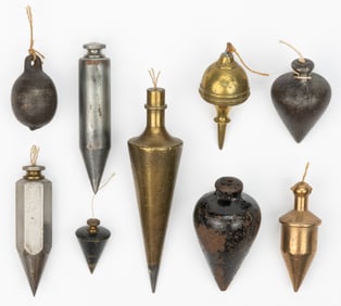 ASSORTED METALS CARPENTRY / WOODWORKING PLUMB BOBS, LOT OF NINE