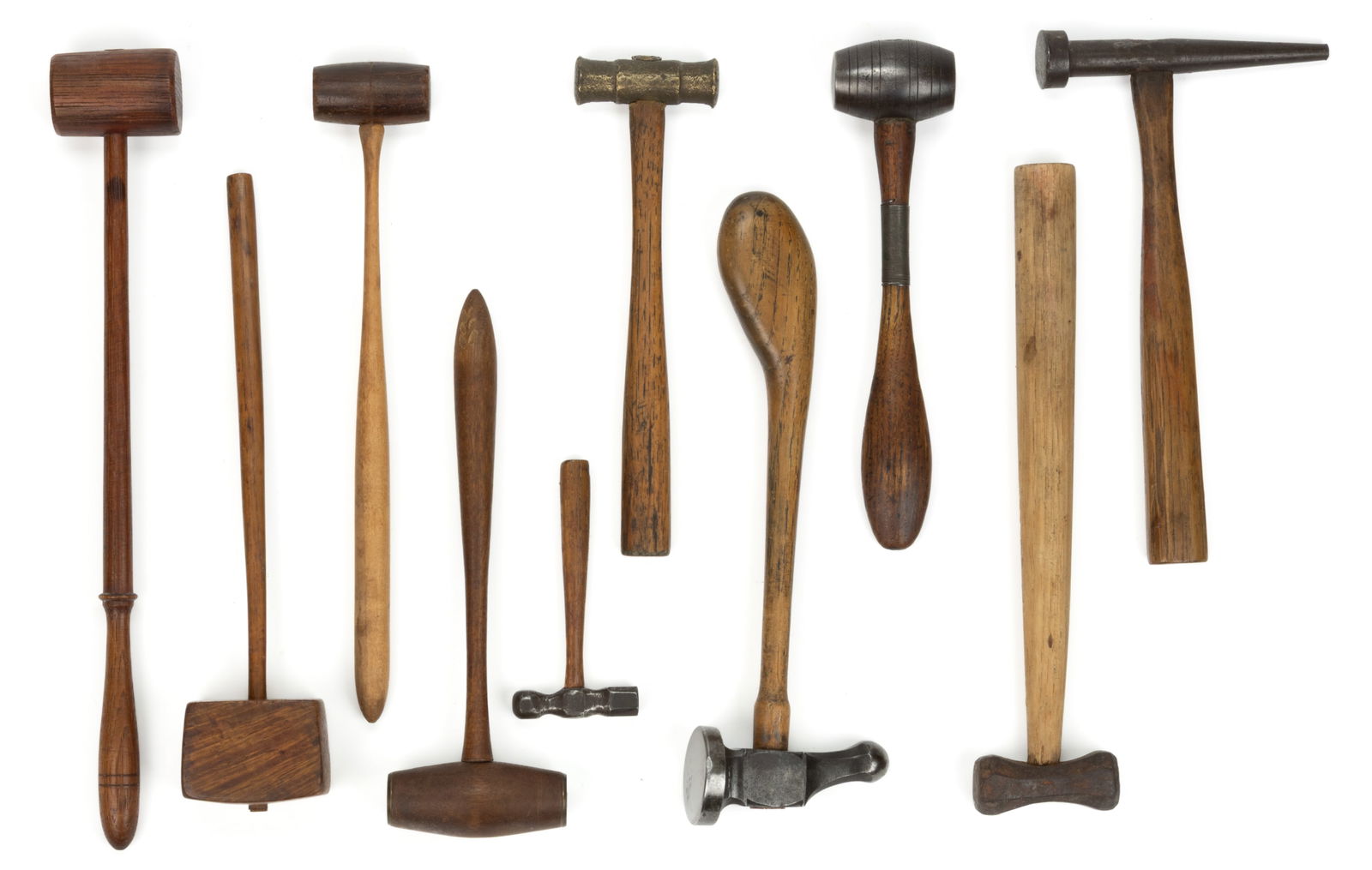 ASSORTED JEWELERS / WATCHMAKER / GUNSMITH HAMMERS AND MALLETS, LOT OF TEN: ASSORTED JEWELERS / WATCHMAKER / GUNSMITH HAMMERS AND MALLETS, LOT OF TEN, comprising of a L. Hugoniot Tissot planishing example with large circular-form face and ball peen with shaped handle; a brass