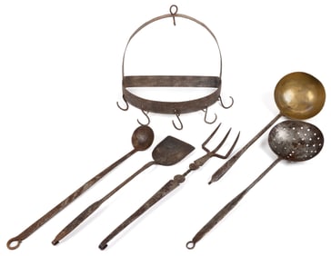 ASSORTED WROUGHT-IRON HEARTH / KITCHEN UTENSILS AND RELATED, LOT OF SIX