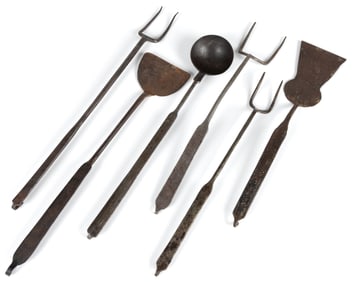 ASSORTED WROUGHT-IRON HEARTH / KITCHEN COOKING UTENSILS, LOT OF SIX