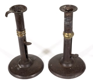 SIGNED ASSORTED SHEET-IRON AND BRASS HOG-SCRAPER CANDLESTICKS, LOT OF TWO