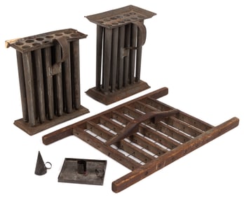 ASSORTED SHEET-IRON AND WOODEN CANDLE ARTICLES, LOT OF FIVE