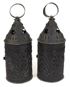 PAIR OF REPRODUCTION PIERCED AND PUNCHED SHEET-IRON / TIN CANDLE LANTERNS