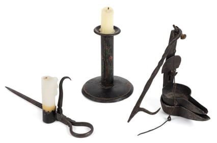 ASSORTED SHEET-IRON AND WROUGHT-IRON LIGHTING ARTICLES, LOT OF THREE