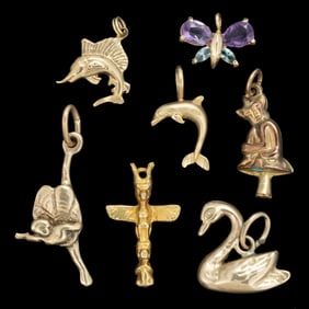 VINTAGE / CONTEMPORARY 9K, 10K, AND 14K GOLD FIGURAL CHARMS / PENDANTS, LOT OF SEVEN