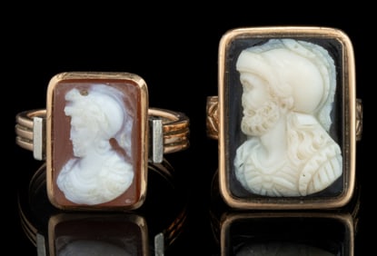 VICTORIAN / ANTIQUE 14K ROSE GOLD AND CARVED STONE CAMEO MEN'S RINGS, LOT OF TWO