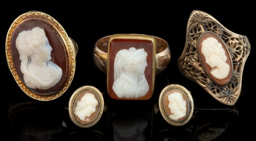 ANTIQUE / VINTAGE 10K AND 14K GOLD AND CAMEO RINGS, LOT OF THREE