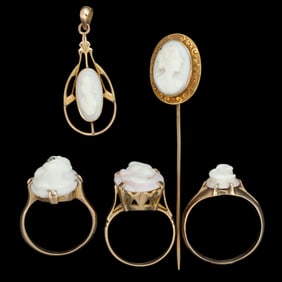 ANTIQUE / VINTAGE 9K / 10K AND 14K YELLOW GOLD AND CAMEO JEWELRY, LOT OF FIVE