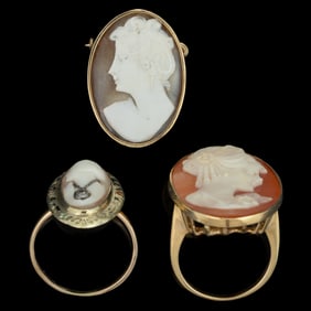 ANTIQUE / VINTAGE 14K GOLD AND CARVED SHELL CAMEO JEWELRY, LOT OF THREE
