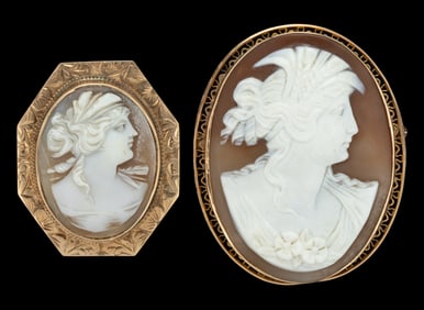 ANTIQUE / VINTAGE 10K GOLD AND CARVED SHELL CAMEO BROOCHES / PENDANTS, LOT OF TWO