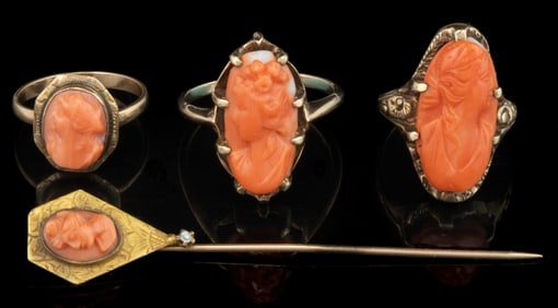 ANTIQUE / VINTAGE 10K AND 14K YELLOW GOLD AND CARVED CORAL CAMEO JEWELRY, LOT OF FOUR