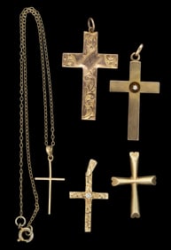ANTIQUE / VINTAGE 9K, 10K, AND 14K GOLD CROSS PENDANTS, LOT OF FIVE