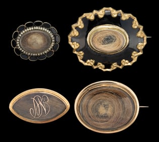 VICTORIAN GOLD / GOLD-FILLED AND HAIR-WORK MOURNING BROOCHES, LOT OF FOUR