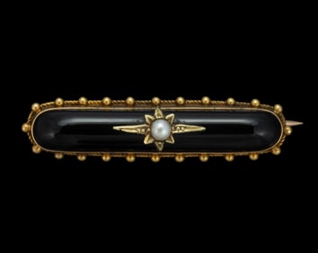 VICTORIAN / EDWARDIAN 15K YELLOW GOLD, ONYX, PEARL, AND HAIR-WORK MOURNING BAR BROOCH / PIN