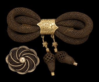 VICTORIAN GOLD AND WOVEN HAIR-WORK MOURNING JEWELRY, LOT OF TWO