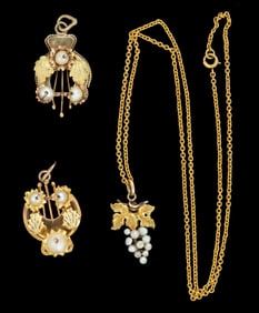 ANTIQUE / VINTAGE 9K TO 14K GOLD AND PEARL FIGURAL JEWELRY, LOT OF THREE