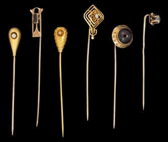 ANTIQUE / VINTAGE 10K AND 10K-14K YELLOW GOLD STICK PINS, LOT OF SIX