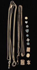 VICTORIAN / ANTIQUE SLIDES / SLIDE CHARMS AND LADY'S NECKLACE WATCH CHAINS, LOT OF 13