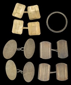 ANTIQUE / VINTAGE ART DECO 10K YELLOW GOLD AND 9K GOLD AND SILVER CUFFLINKS AND RING, LOT OF SEVEN