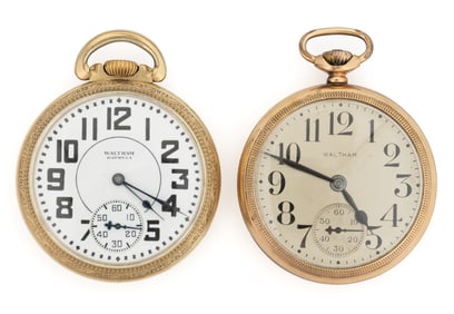 WALTHAM 19- AND 21-JEWEL MODEL 1908 POCKET WATCHES, LOT OF TWO