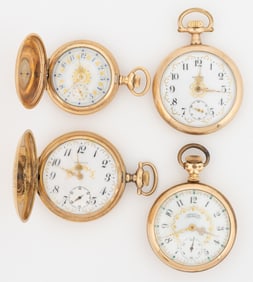 WALTHAM 7- AND 15-JEWEL FANCY DIAL POCKET WATCHES, LOT OF FOUR