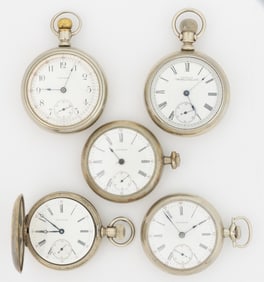 WALTHAM 15- AND 17-JEWEL MODEL 1883 AND 1888 POCKET WATCHES, LOT OF FIVE