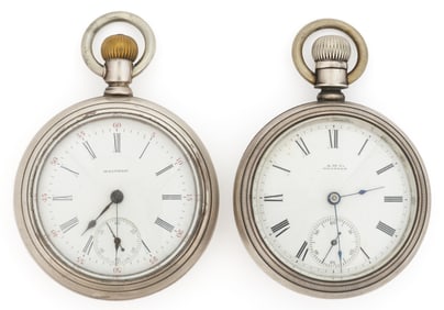WALTHAM 15- AND 17-JEWEL MODEL 1883 STERLING- AND COIN SILVER-CASED POCKET WATCHES, LOT OF TWO