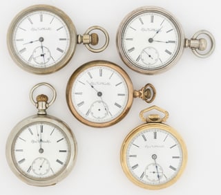 ELGIN 15-JEWEL MODEL 3 AND 5 POCKET WATCHES, LOT OF FIVE