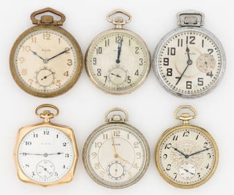 ELGIN 15-JEWEL MODEL 3, 6, AND 7 POCKET WATCHES, LOT OF SIX