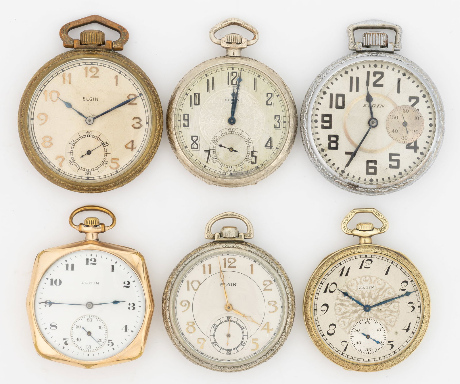 ELGIN 15-JEWEL MODEL 3, 6, AND 7 POCKET WATCHES, LOT OF SIX: ELGIN 15-JEWEL MODEL 3, 6, AND 7 POCKET WATCHES, LOT OF SIX, each with pendant-set movement, having a silvered, white enamel, or other dial with Arabic chapter ring, seconds subsidiary, and 