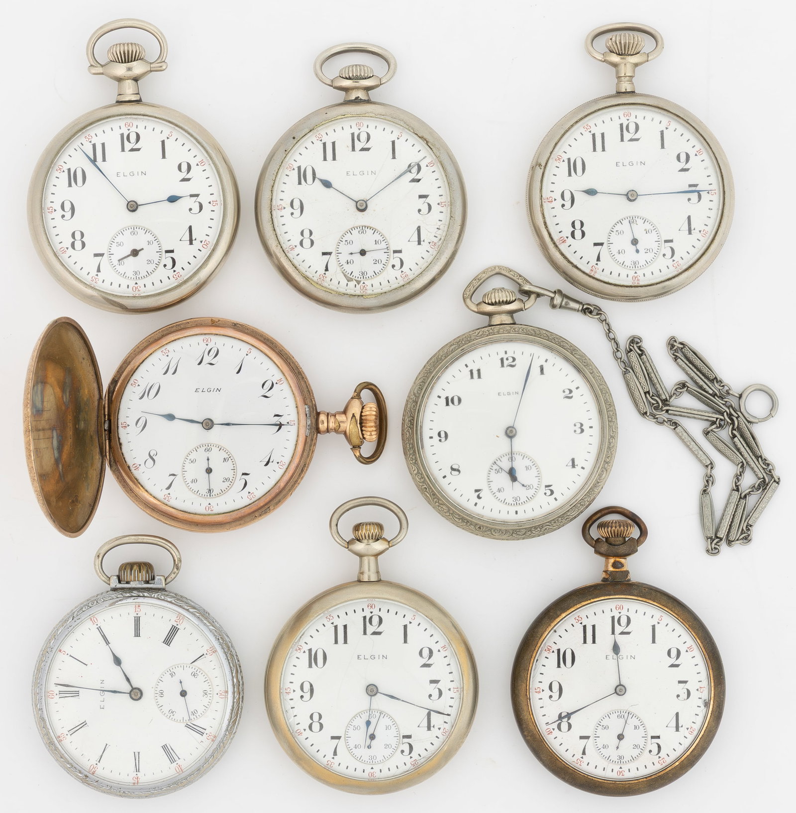 ELGIN 7-JEWEL MODEL 6 AND 7 POCKET WATCHES, LOT OF EIGHT: ELGIN 7-JEWEL MODEL 6 AND 7 POCKET WATCHES, LOT OF EIGHT, each with pendant-set movement, having a white enamel dial with Arabic chapter ring, sunk seconds subsidiary, and blued-steel spade hands, hou