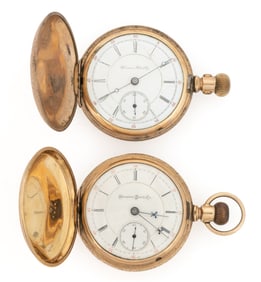 HAMPDEN 15- AND 17-JEWEL RAILROAD GRADE POCKET WATCHES, LOT OF TWO