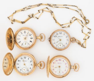 HAMPDEN 15- AND 17-JEWEL MODEL 3 AND 4 FANCY DIAL LADY'S POCKET WATCHES, LOT OF FOUR