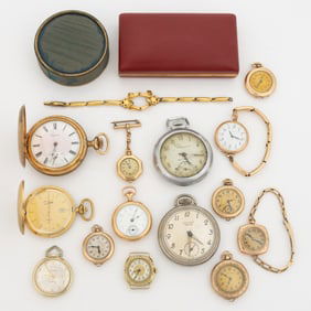 ELGIN AND OTHER POCKET WATCHES, WRIST WATCHES, AND RELATED ARTICLES, LOT OF 15