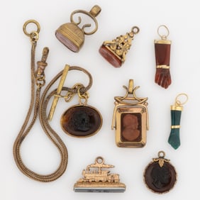 ANTIQUE / VINTAGE GOLD-FILLED CAMEO / INTAGLIO AND OTHER WATCH FOBS / PENDANTS, LOT OF EIGHT