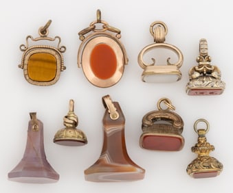 VICTORIAN / ANTIQUE GOLD-FILLED AND OTHER WATCH FOBS / PENDANTS, LOT OF NINE