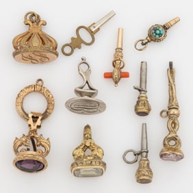 ANTIQUE / VINTAGE GOLD-FILLED AND OTHER WATCH KEYS AND FOBS / PENDANTS, LOT OF TEN