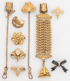 ANTIQUE / VINTAGE GOLD-FILLED AND OTHER WATCH CHAINS, FOB, AND LAPEL HOOK BROOCHES, LOT OF NINE