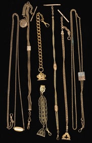 ANTIQUE / VINTAGE GOLD-FILLED / GOLD-PLATED WATCH CHAINS, LOT OF SEVEN