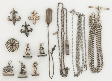 ANTIQUE / VINTAGE STERLING SILVER POCKET WATCH CHAINS AND OTHER JEWELRY, LOT OF 13