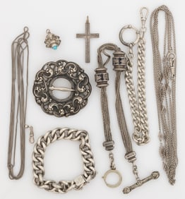 ANTIQUE / VINTAGE CONTINENTAL / FOREIGN 0.800 AND OTHER SILVER WATCH CHAINS AND JEWELRY, LOT OF
